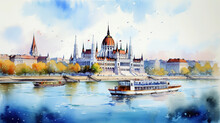 Hungarian Parliament Building ,watercolor Cityscape Budapest 
