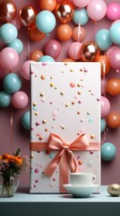 Canvas Print - Gift box with confetti and balloons on a pink background, AI