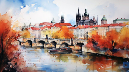 Wall Mural - watercolor cityscape Prague 