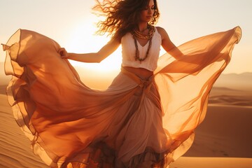 a close-up portrait of a beautiful gorgeous arabian oriental bellydancer in orange flowy costume dancing traditional style of bellydance against the sunset in the desert