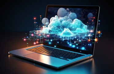 Poster - Financial management of a business dashboard on a 3D laptop with aspects of business analysis and analytics online through an application. Investment, trading and finance management with infographics