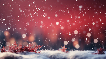 Wall Mural - Christmas background,Snowflake on snow with blurry bokeh light on red background,Horizontal Xmas christmas poster, greeting cards, headers, website,Generative ai