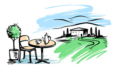 Wall Mural - villa in Tuscany, Italy, Europe. Table with tea drawing