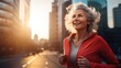© Onchira - Senior woman going for a run, old woman living a healthy lifestyle for longevity on road in city in morning, glass building background, Generative AI
