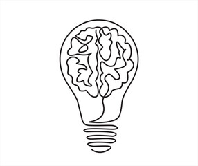 Wall Mural - Single continuous line drawing of light bulb with human brain. Creative brain Idea concept with light bulb and brain