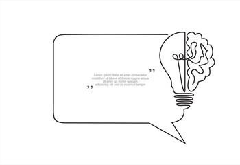 Aufkleber - Quick tips.Continuous one line drawing of light bulb with brain and speech bubble. Trendy line art vector on a white background. Vector illustration.