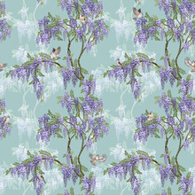 Wisteria Seamless Pattern. Watercolor Violet Wisteria Flowers. Dusty Blue Floral Background. Chinoiserie Seamless Pattern With Bird