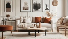 Modern Interior With Terra Cotta Accents - Round Coffee Table Near White Corner Sofa Against Paneling Wall With Art Poster, Scandinavian Style Living Room