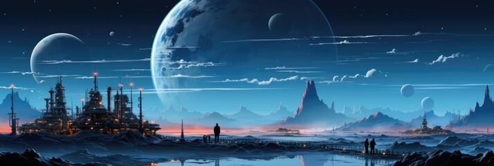 Poster - An alien landscape with planets and a city, AI