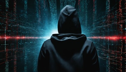 Sticker - Black hoodie hacker with network of glowing data and intricate code - cybersecurity