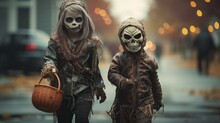 Sibling Kid Dress In Halloween Costume, Trick Or Treat