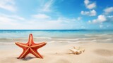 Fototapeta Tęcza - Tropical beach with sea star on sand, summer holiday background. Travel and beach vacation