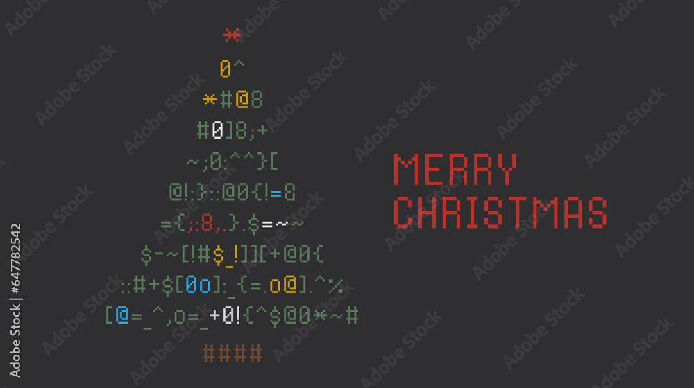 Christmas tree made of programming code. Minimalist Christmas card design. Funny Merry Christmas card. Postcard for the programmer. Design for banner, postcard. Happy New Year. Emoticon card.