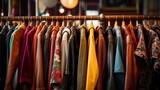 Fototapeta Do akwarium - Various vintage jackets on clothing rack in second hand store