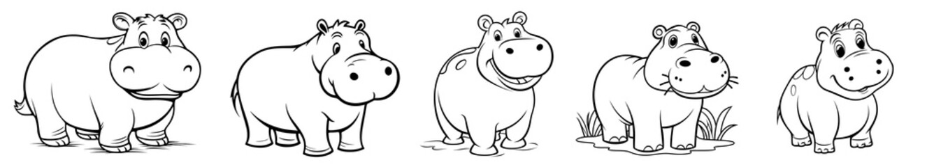 Wall Mural - Cute hippo or hippopotamus, simple thick lines kids or preschool children cartoon coloring book pages. Generative AI