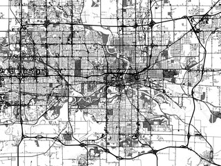 greyscale vector city map of des moines iowa in the united states of america with with water, fields