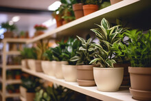 Plant shop. Shelf with many different houseplants in store