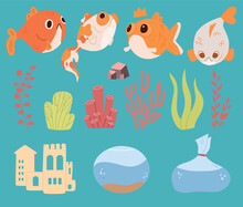 Aquarium With Underwater Algae And Fish. A Set Of Vector Illustrations Of Underwater Pets, Goldfish Or Guppies. Cartoon Aquarium Accessory. Reefs, Rocks And Algae.