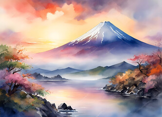 Wall Mural - Watercolor painting of Mount Fuji in Japan at sunrise