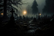 A haunting graveyard scene emerges from the mist as tombstones stand sentinel amidst the eerie gloom 