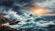 waves crashing on rocks, An energetic stormy seascape