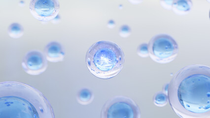 Poster - 3D rendering Cosmetics Serum bubbles on defocus background. Collagen bubbles Design. Moisturizing Essentials and Serum Concept. Vitamin for health care and beauty concept. 