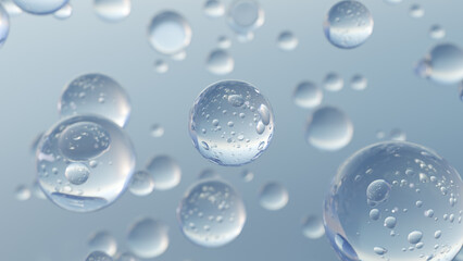 Poster - cosmetic moisturizing liquid drops on a blue background. abstract science background with bubbles on