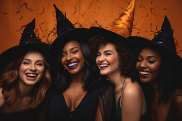 Wall Mural - diverse group of young women in Halloween witch costumes on orange backgroundi, candid