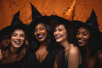 diverse group of young women in Halloween witch costumes on orange backgroundi, candid