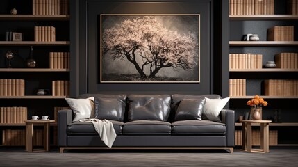 Wall Mural - Living room with minimalist sofa and bookshelf, generated by AI