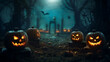 Halloween - pumpkins in a haunted forest with tombs at night, aspect ratio 16:9