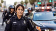 © Lubo Ivanko - Hispanic woman working as police officer or cop, closeup portrait, blurred vehicle and city background. Generative AI