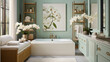 Bathroom with Bathtub and Painting of Flowers: Relaxing and Serene