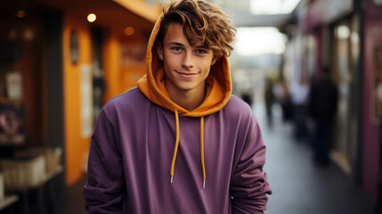 Wall Mural - smiling teenager boy in a purple hoodie