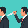 Knife in the back. Betrayal metaphor. Businessman traitor wants to stab in the back. Cartoon male characters. Betrayal and lies. Vector illustration flat design.
