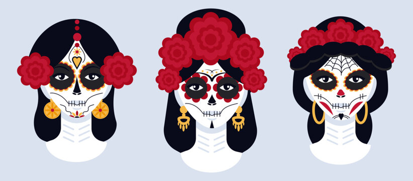 Calavera makeup set. Sugar skull girl. Makeup style for mexican Day of Dead. Dia de los muertos. Halloween modern costume. 3 vector girls with traditional mexican fiesta makeup.