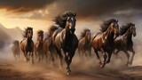 Fototapeta Do przedpokoju - a herd of wild horses galloping freely across an expansive prairie, capturing the untamed spirit of these magnificent animals