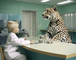 Wild leopard animal at the cute little doctor's examination. Small kid as a veterinarian with a patient in a hospital room.