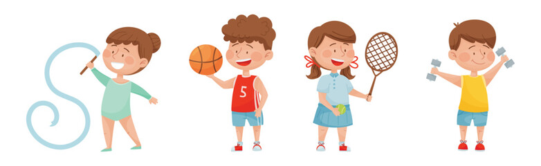 Wall Mural - Happy Children Characters Playing Sport Game Vector Set