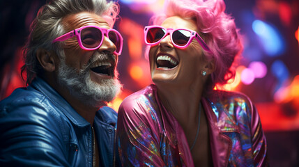 Wall Mural - Modern Old Lady Women & Man Smiling with Sun Glasses on Pink & Blue Background. Neon Dark Stage Shows Empty Room: Neon Light, Spotlights,  Dance Floor.