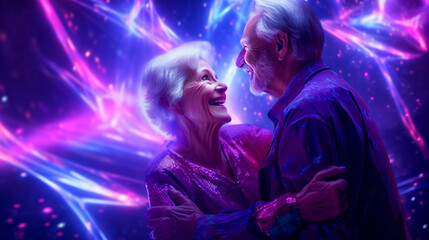 Wall Mural - Modern Old Lady Women & Man Smiling with Sun Glasses on Pink & Blue Background. Neon Dark Stage Shows Empty Room: Neon Light, Spotlights,  Dance Floor.