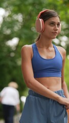 Wall Mural - A young woman in sportswear is looking at her smartphone before her run.