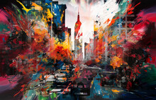 Abstract Colourful Noisy Painting Of New York City With Busy Street And Tall Buildings, Vibrant Emotion Of The City