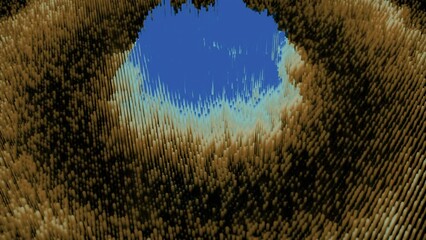 Poster - Waves are moving towards center. Design. Bright colorful waves move on surface of cyber texture. Colored circular waves move on electronic surface