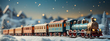 Toy Vintage Locomotive In The Snow Forest. Steam Train Rides Among The Snowy Landscape. Cartoon Illustration. Banner. Copy Spase. Christmas And New Year Celebration Concept, Background.