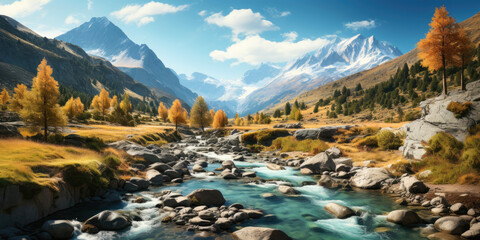 Wall Mural - Scenery view on a beautiful mountain landscape. Generative AI