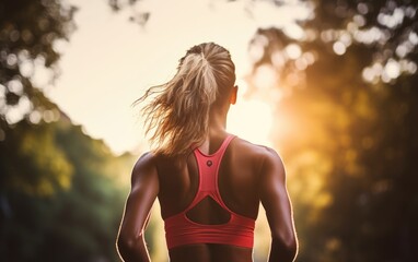 Canvas Print - Female runner training in nature, rear view.  Generative AI