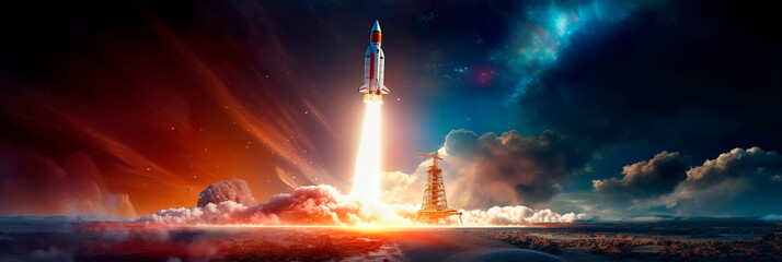 space launch with a rocket soaring into the cosmos, highlighting the power and energy required for space exploration.