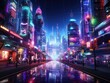 Cyberpunk city illuminated by neon lights and augmented reality displays Generative AI