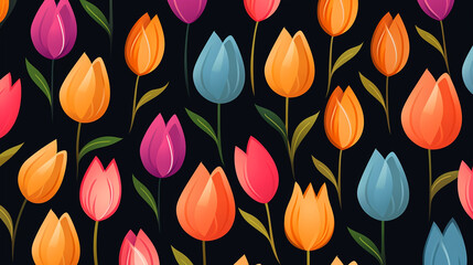 nature textured tulip flowers seamless patter, vivid color background, flat minimalist vector illustrations